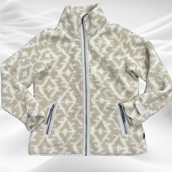 Patagonia DividedSky Jacket Fleece Sherpa WOMENS Lrg Full zip Field Geo Pumice